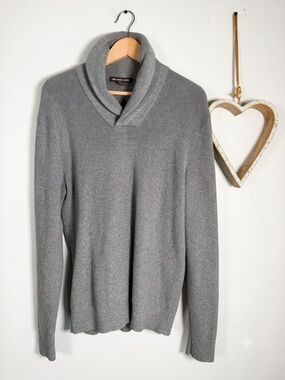 Michael Kors Men's Large Grey Shawl Collar Ribbed Knit Sweater Pullover